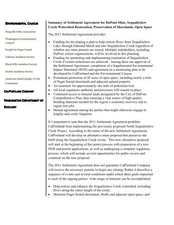 Summary of Settlement Agreement for DuPont Mine ... - City of DuPont