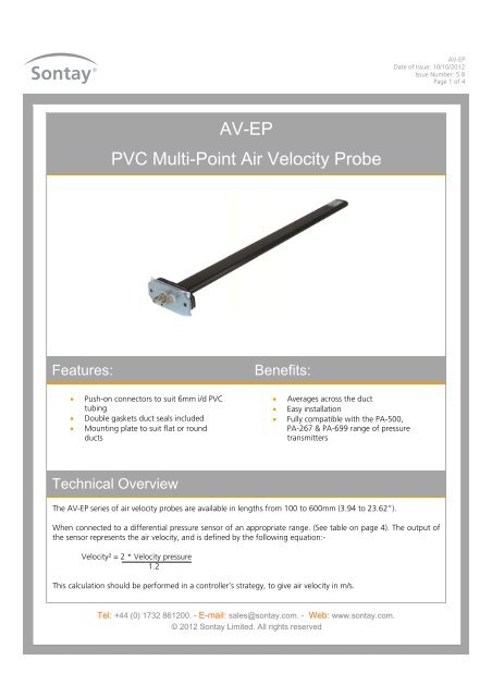 AV-EP PVC Multi-Point Air Velocity Probe - Sontay
