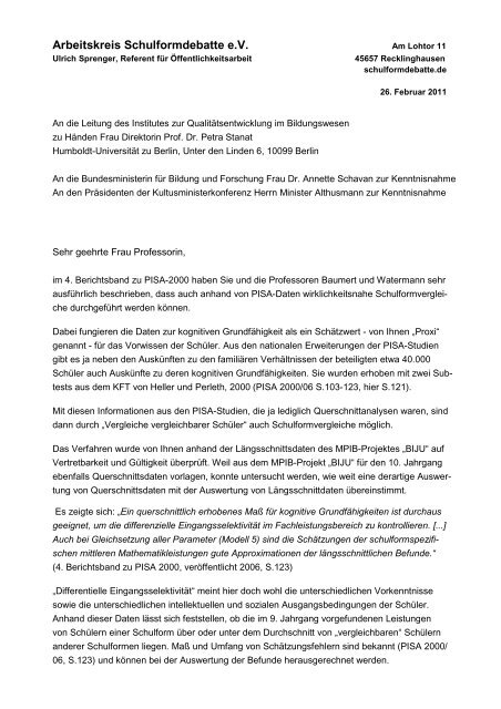 Der Offene Brief des Arbeitskreises Schulformdebatte an das IQB