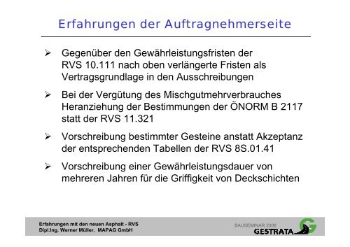 Erfahrungen mit den neuen Asphalt - RVS - Gestrata