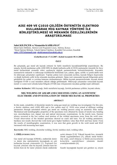 AISI 409 ve Ç1010 Çeliğin Östenitik Elektrod Kullanarak MIG ...