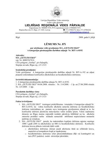 LIELRĪGAS REĢIONĀLĀ VIDES PĀRVALDE LĒMUMS Nr. 87i