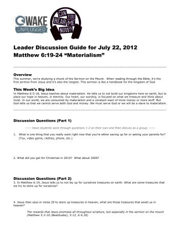 Leader Discussion Guide for July 22, 2012 Matthew 6:19-24 ...