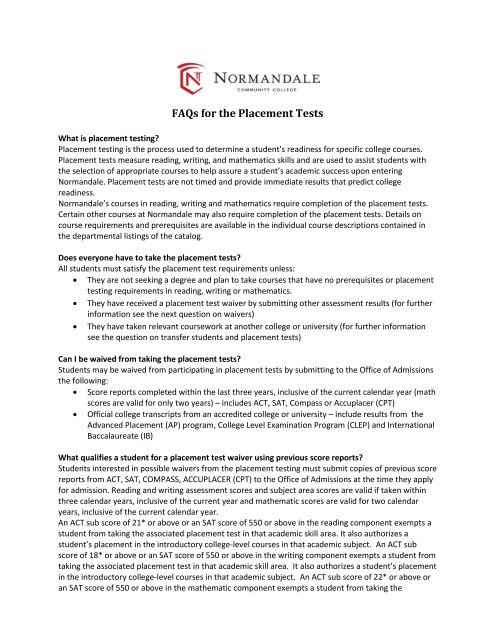 FAQs for the Placement Tests - Normandale Community College