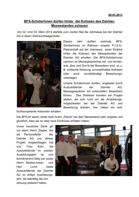 Daimler Jobmesse BFS hinter den Kulissen 2013 - Hanse-Schule