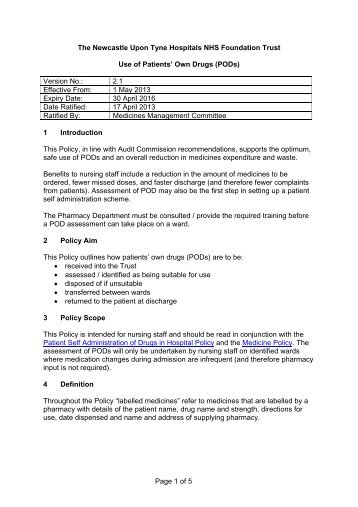 Use of Patients' Own Drugs (PODs) - Newcastle Hospitals