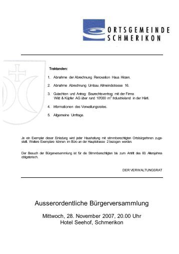Gutachten und Antrag a.o. BV 28.11.2007 - Ortsgemeinde Schmerikon