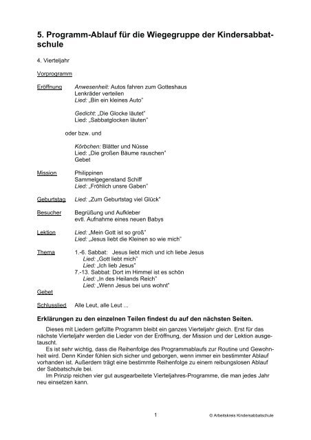Programm Wiege Arbeitskreis Kindersabbatschule