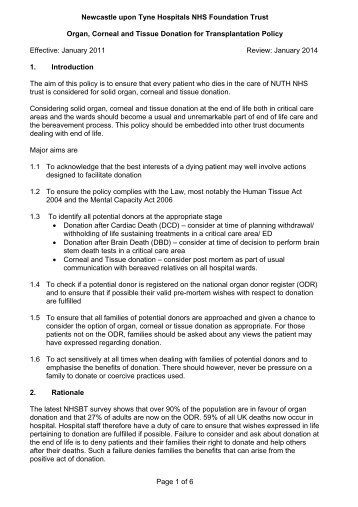 Organ and Tissue Donation (63KB pdf) - Newcastle Hospitals