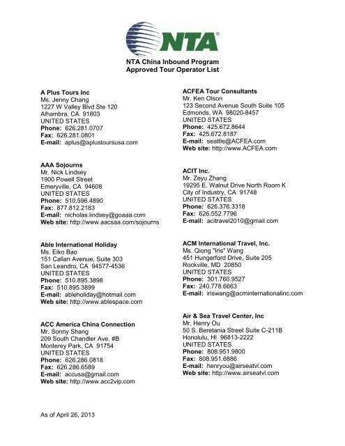 NTA China Inbound Program Approved Tour Operator List