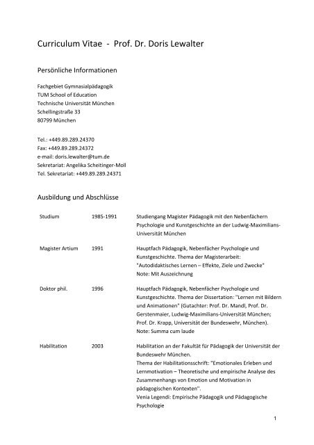 Curriculum Vitae - Prof. Dr. Doris Lewalter - Fachgebiet ...