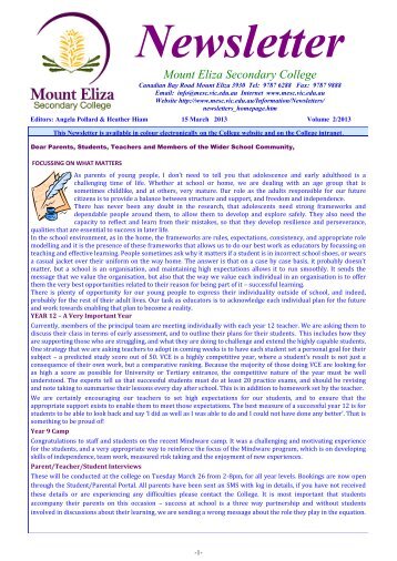 Newsletter 2 â March 15, 2013 - Mount Eliza Secondary College
