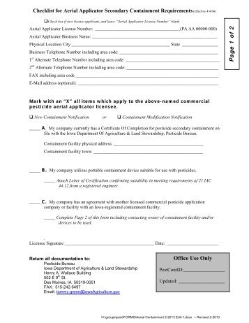 Checklist for Aerial Applicator Secondary Containment Requirements