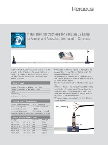 Installation Instructions for Vacuum UV Lamp - Heraeus Noblelight