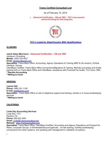 Trams Certified Consultant List As of August 2, 2013 ... - TRAMS, Inc.