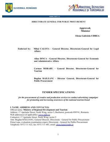 Approved, Minister TENDER SPECIFICATIONS