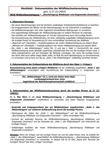 Merkblatt - Dokumentation der Wildfleischuntersuchung gem. Â§ 27 (3)