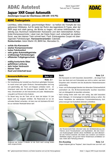 Umfassender Test Jaguar XKR CoupÃ© Automatik - ADAC