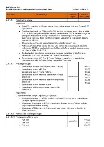 Cjenovnik - BH Telecom