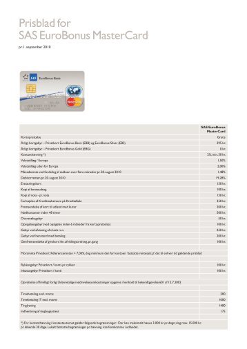 Prisblad for SAS Eurobonus Mastercard