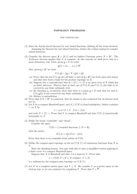 TOPOLOGY PROBLEMS (1) State the Arzela-Ascoli ... - Neil Strickland