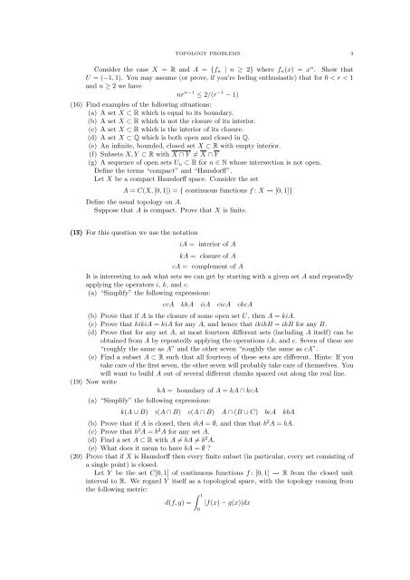 TOPOLOGY PROBLEMS (1) State the Arzela-Ascoli ... - Neil Strickland
