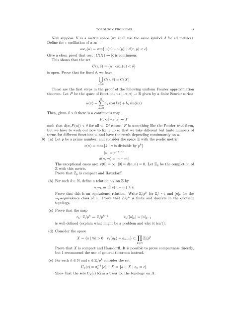TOPOLOGY PROBLEMS (1) State the Arzela-Ascoli ... - Neil Strickland