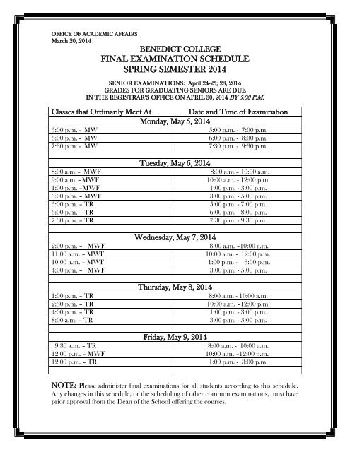 Final Examination Schedule for Spring Semester ... - Benedict College