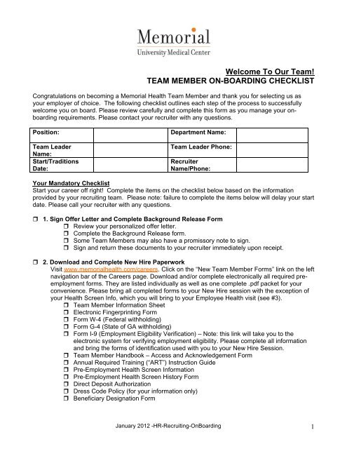 New Team Member Onboarding Checklist - Memorial Health ...