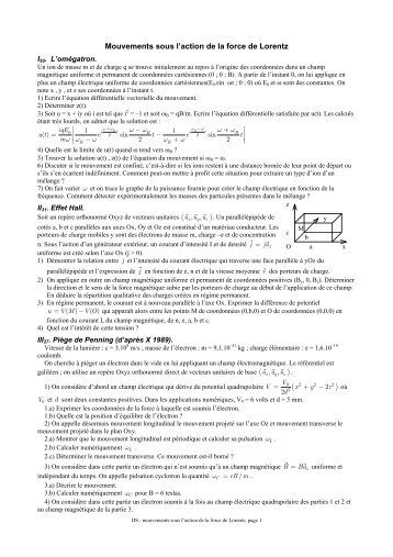 Mouvements sous l'action de la force de Lorentz ( )