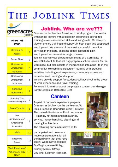 Joblink Times Issue 2 2012 - Greenacres Disability Services
