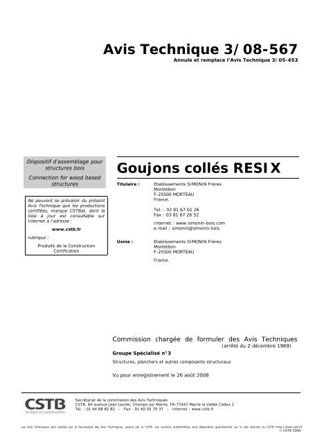 Avis Technique 3/08-567 Goujons collés RESIX - Simonin Bois
