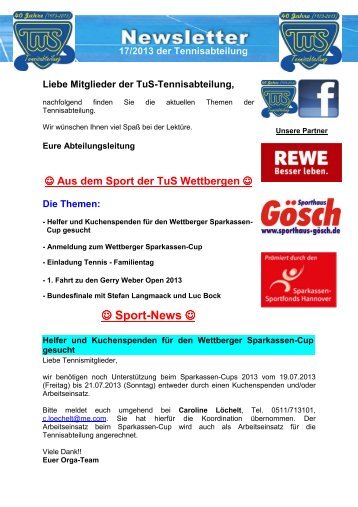 17.2013 Newletter der Tennisabteilung - TuS Wettbergen