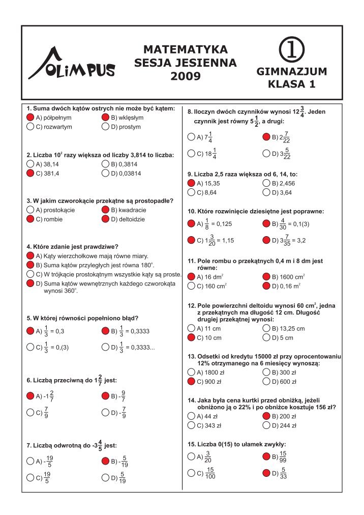 Sesja Z Plusem 1 Gimnazjum Matematyka MATEMATYKA SESJA ZIMOWA 2013 - Olimpus