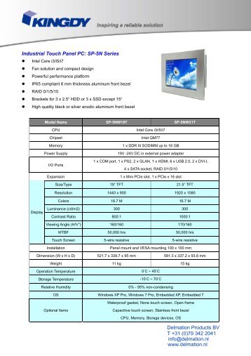 Industrial Touch Panel PC: SP-5N Series Delmation Products BV T ...