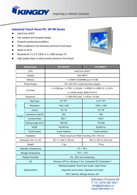 Industrial Touch Panel PC: SP-5N Series Delmation Products BV T ...