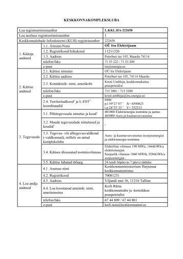 KESKKONNAKOMPLEKSLUBA Loa registreerimisnumber Loa ...