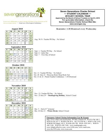 SGCS 2010-2011 Student Calendar - Seven Generations Charter ...