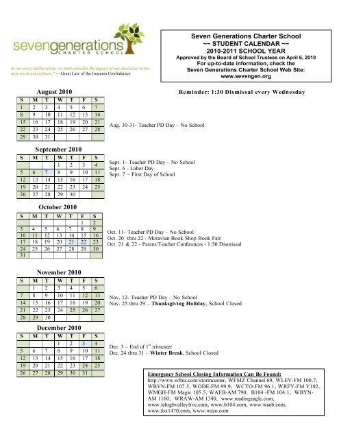 SGCS 2010-2011 Student Calendar - Seven Generations Charter ...