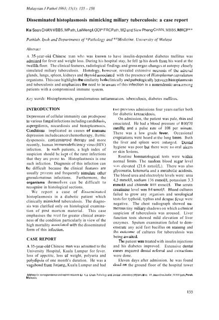 Disseminated histoplasmosis mimicking miliary tuberculosis: a case ...