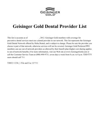 Geisinger Gold Dental Provider List - Geisinger Health Plan