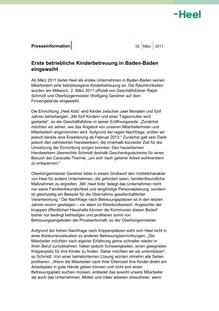 Erste betriebliche Kinderbetreuung in Baden-Baden eingeweiht - Heel