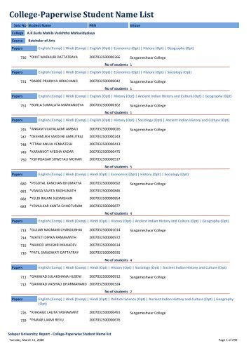 College-Paperwise Student Name List - Solapur University