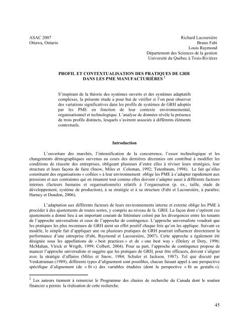 Profil et contextualisation des pratiques de GRH dans les PME ...