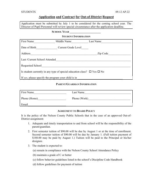 Application and Contract for Out-of-District Request - Nelson County ...