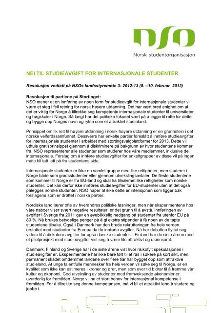 Resolusjon: Nei til studieavgift for internasjonale studenter - Norsk ...