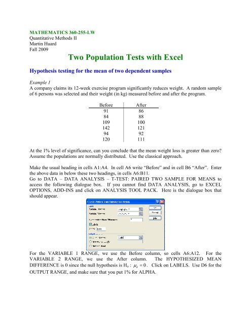 Tests for Two Populations with Excel - SLC Home Page