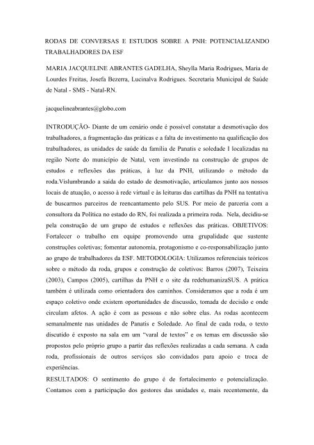 RODAS DE CONVERSAS E ESTUDOS SOBRE A ... - Sispnh.com.br