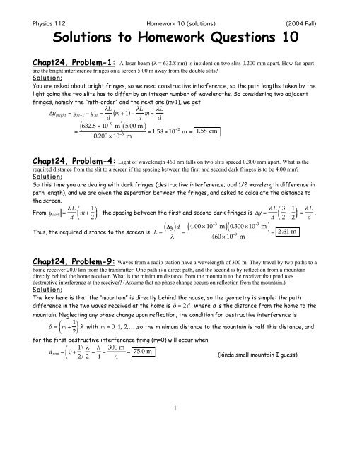Homework Question Solutions to Homework Questions 10