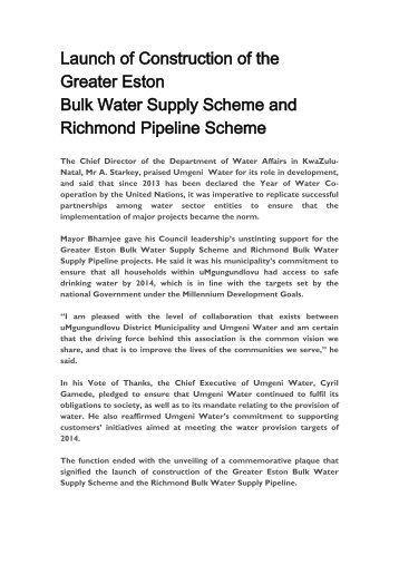 Launch of Construction of the Greater Eston Bulk ... - Umgeni Water